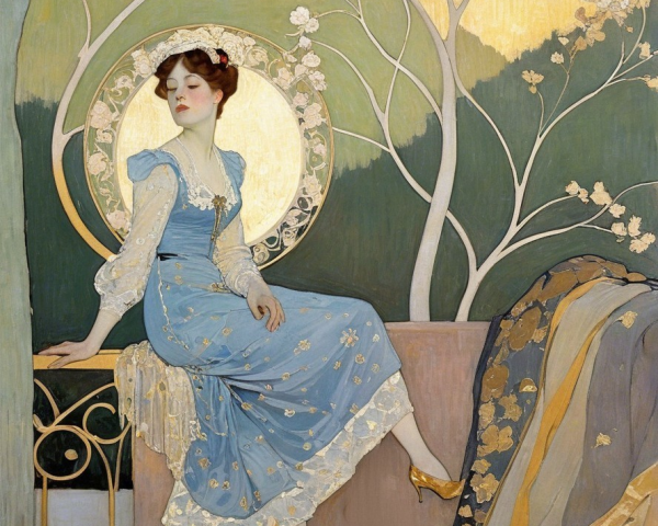 Elegant Woman in Light Blue Floral Gown with Nature Background