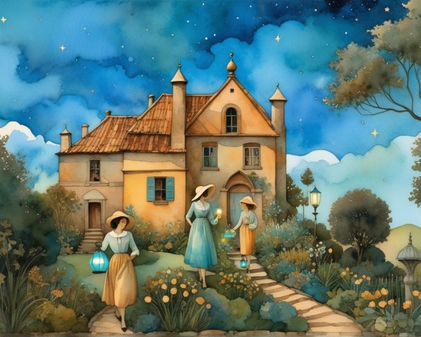 Rustic House Under Starry Sky with Vintage Attire