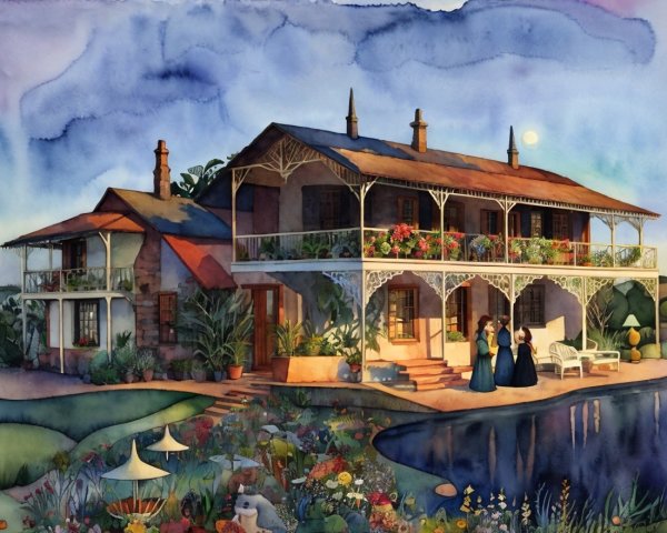 Watercolor Painting of Rustic House and Gardens