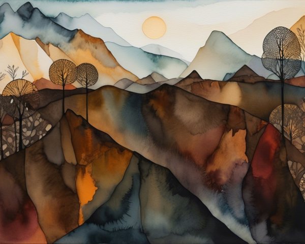 Abstract Landscape with Mountains and Hills in Earth Tones