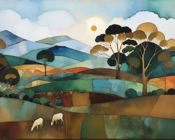 Serene Landscape with Grazing Sheep and Sunrise