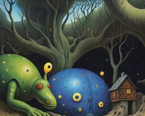 Surreal Landscape with Giant Creature and Whimsical Dome