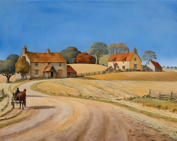 Serene Rural Landscape with Cottages and Fields