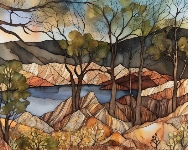 Tranquil Lake Landscape with Trees and Mountains