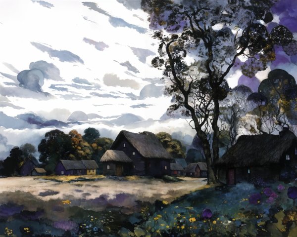 Serene Countryside Scene with Rustic Cottages and Hills