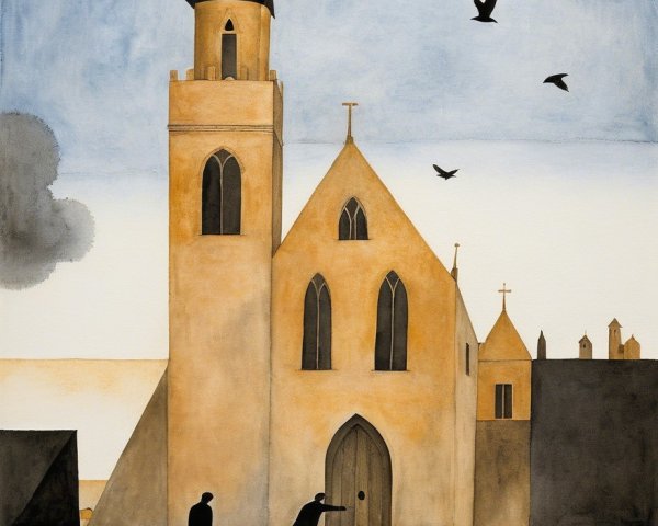 Serene Landscape with Church and Figures Walking
