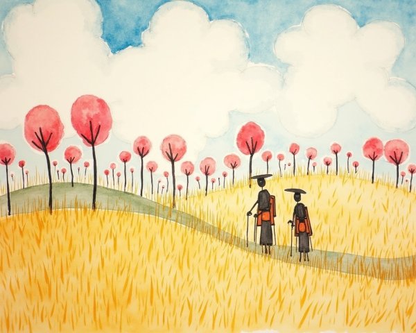 Traditional Attire Figures in Golden Grassy Landscape