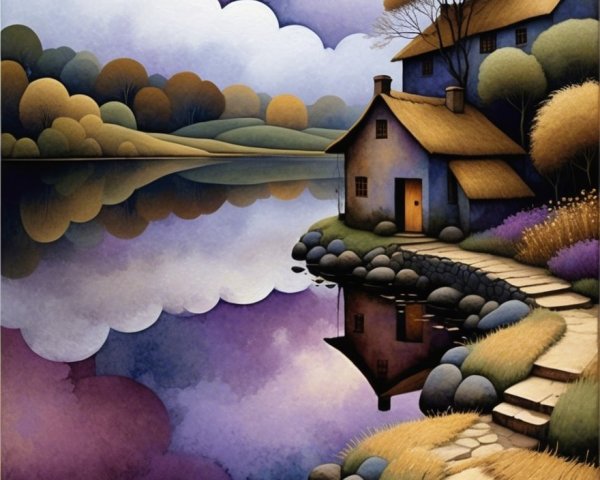 Tranquil Lakeside Scene with Cozy Cottage and Trees