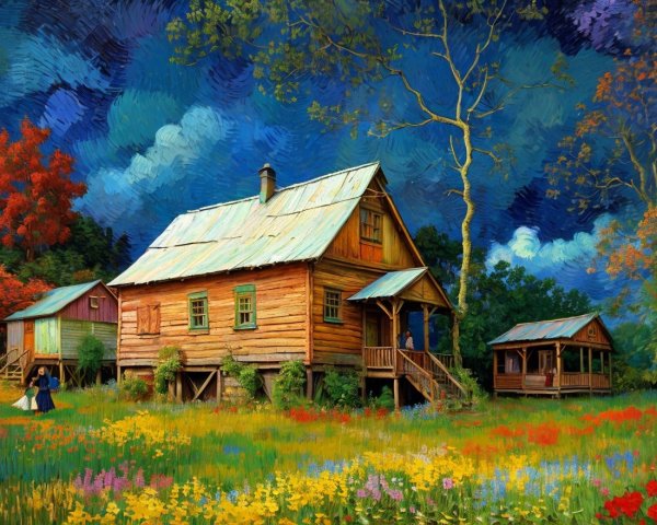 Serene Countryside Scene with Quaint Wooden House