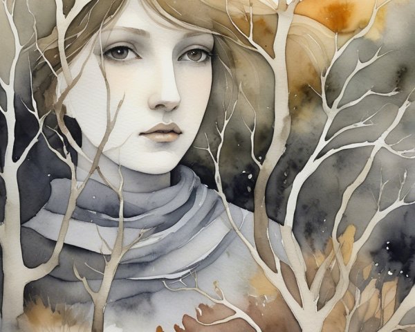 Watercolor Painting of Woman Among Bare Tree Branches