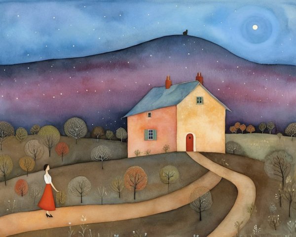 Whimsical Twilight Landscape with Cozy House and Figure