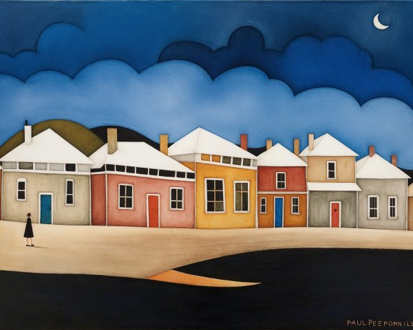 Tranquil Evening Scene with Colorful Houses and Moon