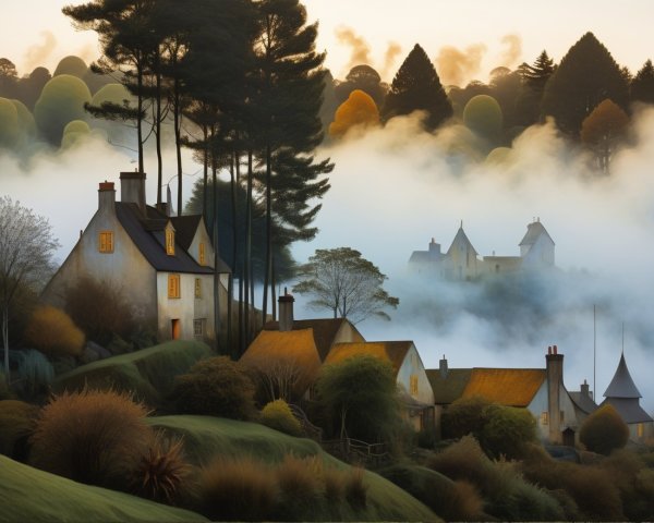 Serene Landscape with Quaint Houses and Rolling Hills