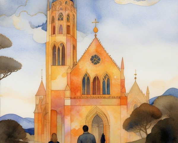 Serene landscape with ornate church and soft watercolors