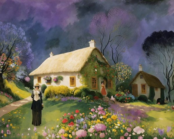 Charming Cottage Surrounded by Vibrant Garden and Sky