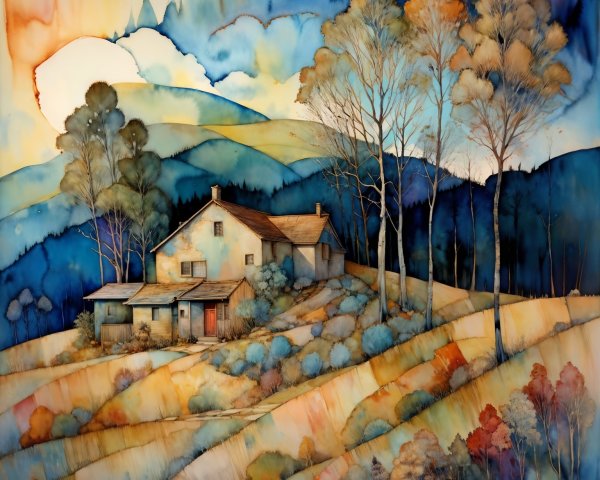 Serene Landscape with Quaint House and Autumn Colors