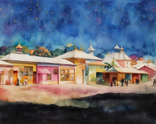 Vibrant Nighttime Street Scene in Watercolor Painting