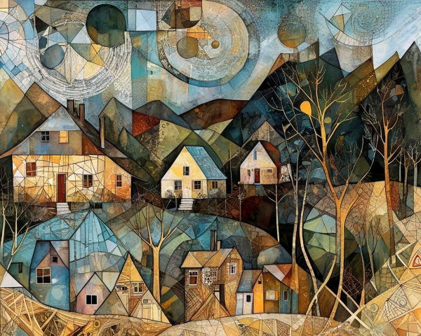 Abstract Landscape with Stylized Village Scene