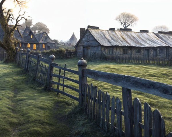 Serene Rural Scene with Rustic Houses and Fencing