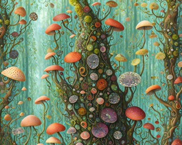 Vibrant Forest Scene with Colorful Mushrooms and Foliage