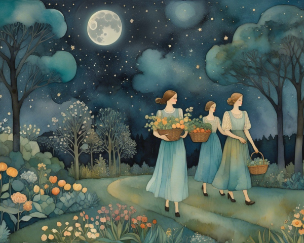 Serene Night Scene with Women and Floral Baskets