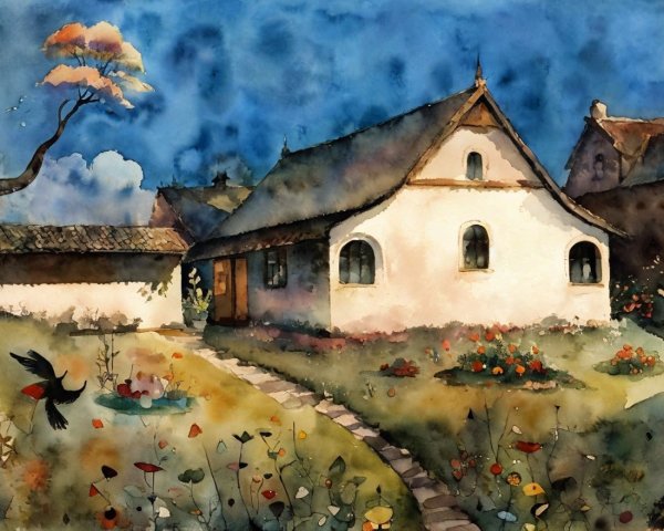 Watercolor of a Cottage in a Colorful Garden Setting
