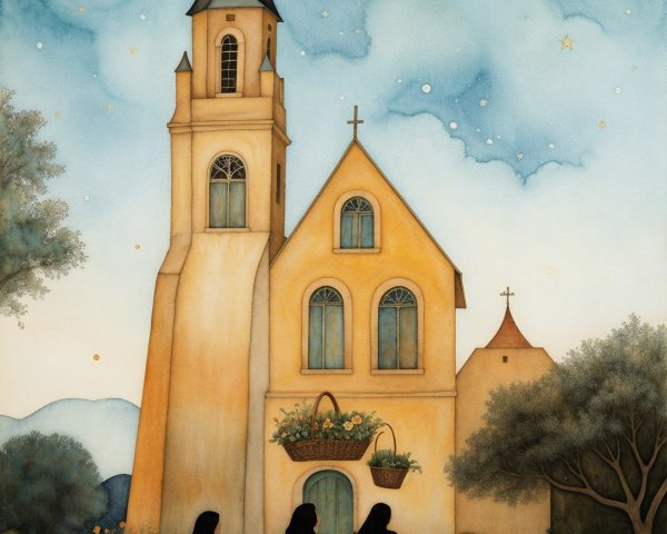 Three Women Walking Towards a Church at Night