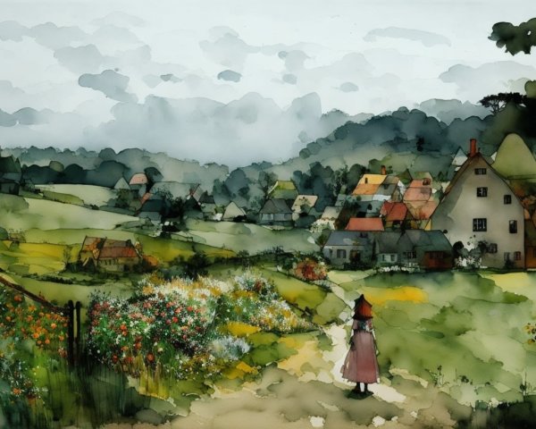 Serene village scene with lush fields and red cloak figure