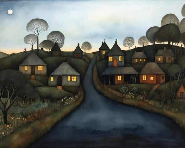 Countryside Scene at Dusk with Cottages and Nature