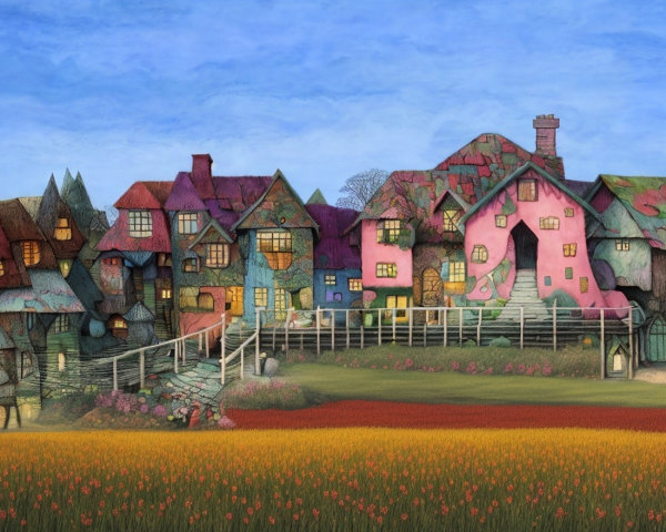 Whimsical Landscape with Colorful Fairy-Tale Cottages