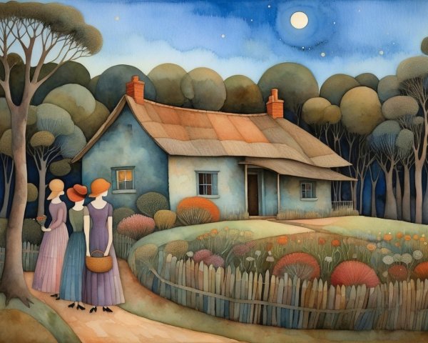 Elegant Women by a Charming Cottage at Night
