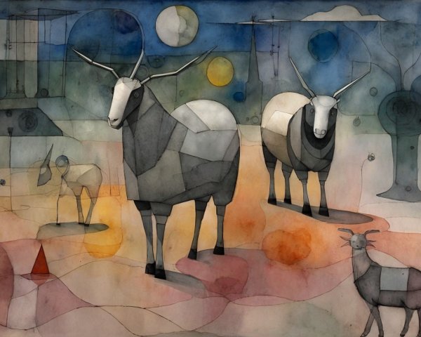 Abstract Geometric Animals in Whimsical Landscape