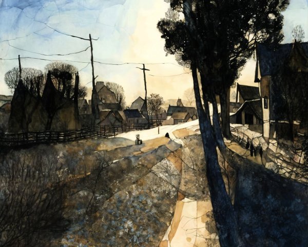 Serene Village Scene with Soft Sunlight and Nostalgia