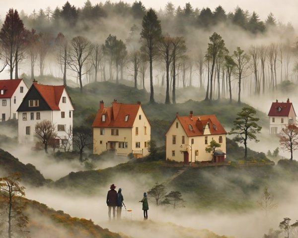 Serene misty landscape with quaint houses and trees