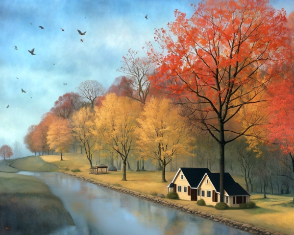 Autumn Landscape with River and Colorful Foliage