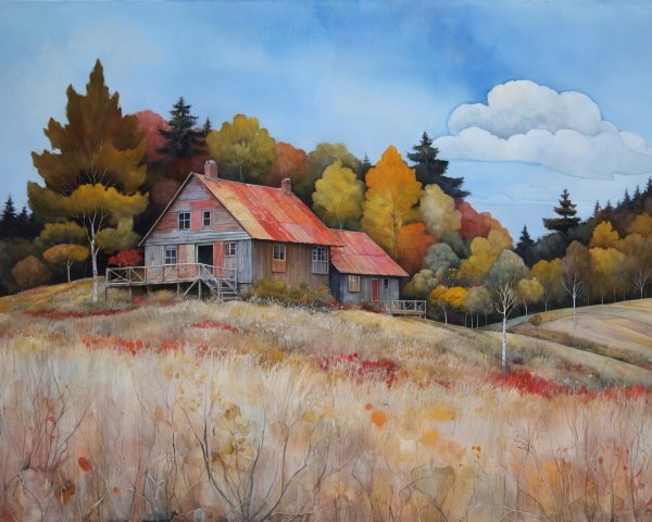 Charming Wooden House Surrounded by Autumn Foliage