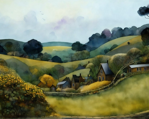 Serene Countryside Landscape with Rolling Hills and Cottages
