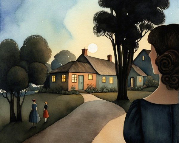 Twilight Scene with Woman in Blue Dress and Cozy House