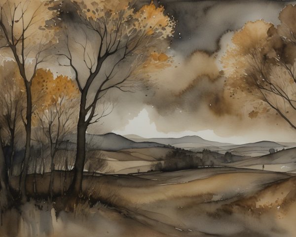 Tranquil Autumn Landscape with Trees and Mountains