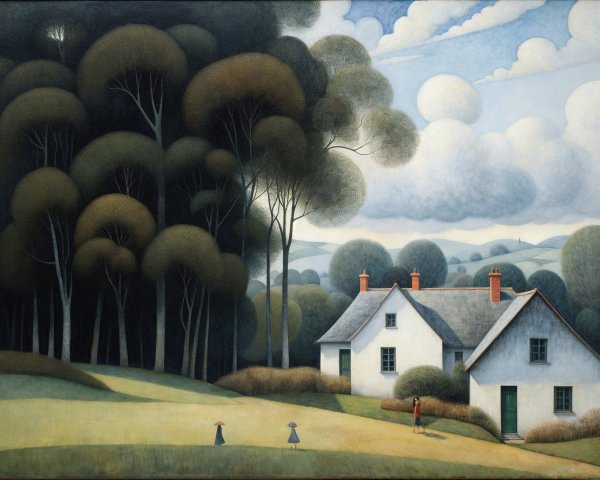 Serene Landscape with White House and Lush Trees