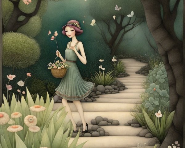 Whimsical Garden Scene with Woman and Butterflies