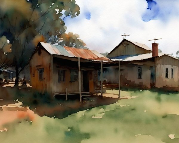 Watercolor of Rustic Buildings in Tranquil Landscape