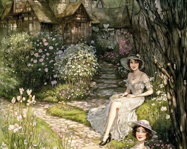 Serene Garden Scene with Women and Cottage Background