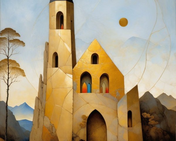 Golden Castle Structure with Colorful Windows and Mountains