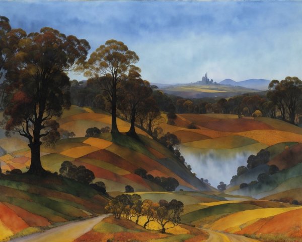 Autumn Landscape with Rolling Hills and Silhouetted Trees
