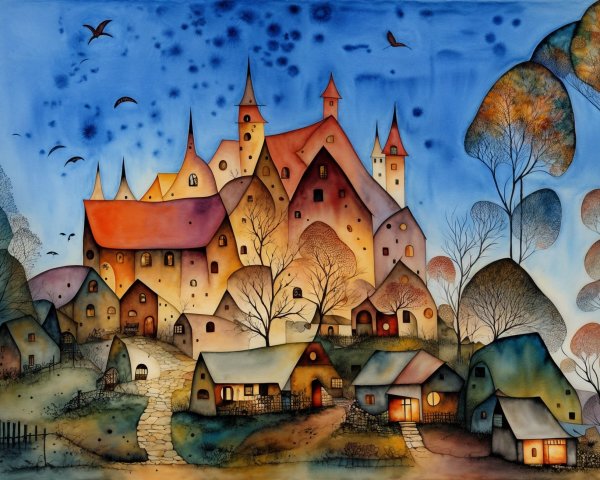 Whimsical Village Landscape with Castle at Twilight