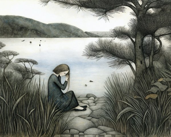 Serene Landscape with Girl by Calm Lake