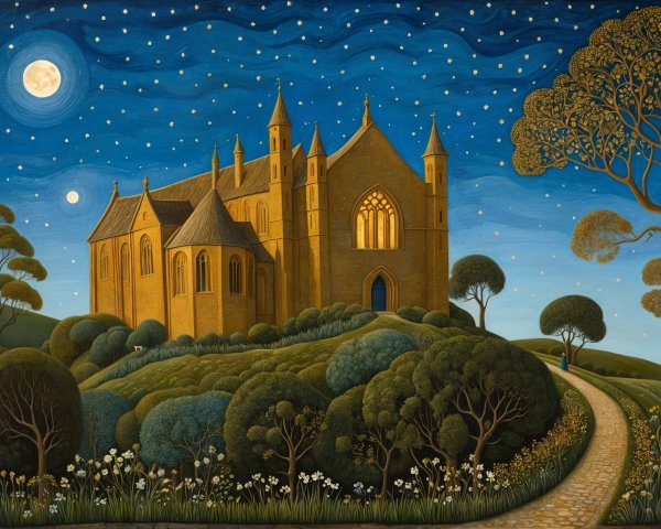 Golden Church on Hills Under Moonlit Sky
