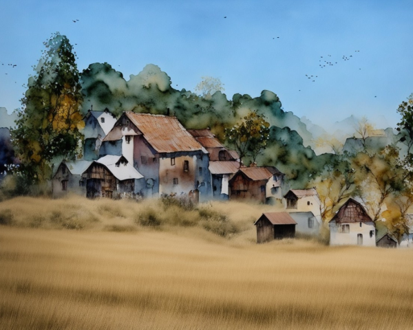 Rustic Houses in Serene Countryside Landscape