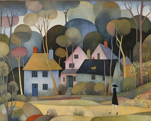 Serene countryside landscape with colorful houses and trees